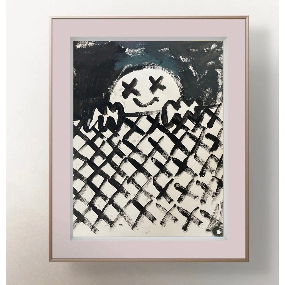 OMAN Original Art Painting Black White Smiley Face Street Art Spiritual 8.5x11